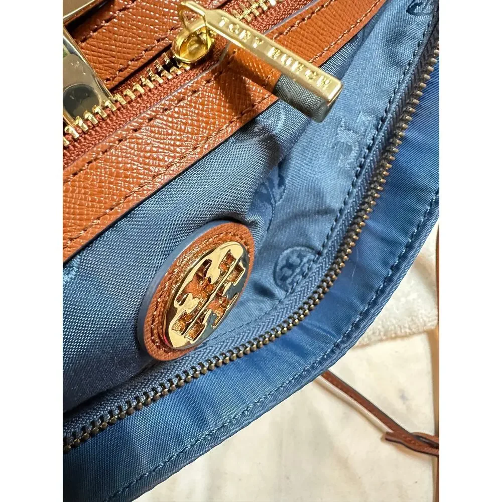 Tory Burch Blue Nylon Tote Tan Leather Trim Gold Hardware Shoulder Bag